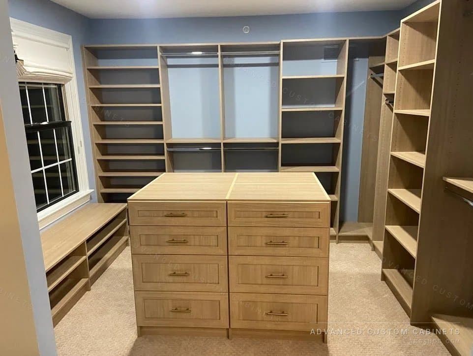 Tan-finish cabinets with shelves