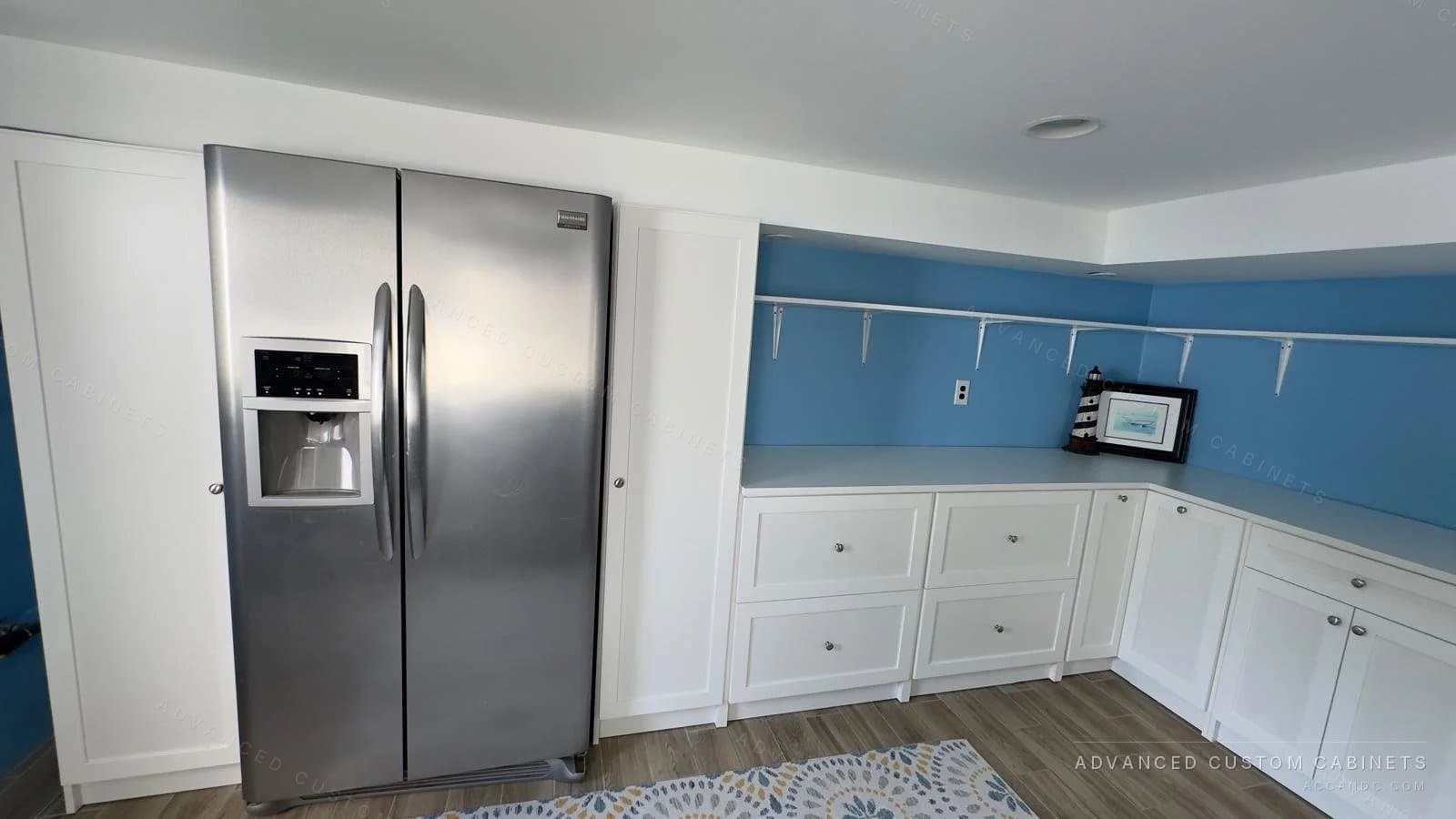 Large blue and white kitchen with island