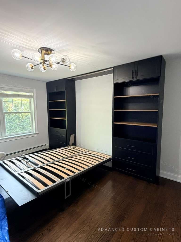 Custom navy built-in wall unit with fold-down Murphy bed and side shelving
