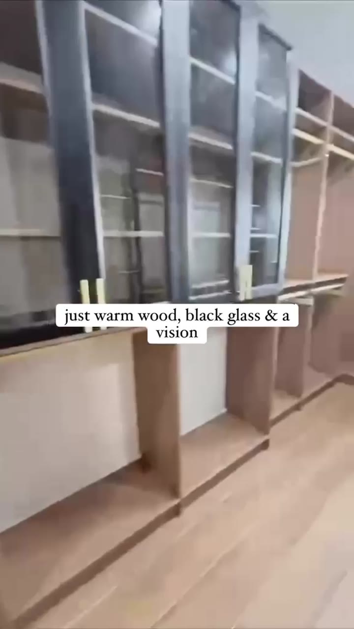 Walk-in closet with light oak drawers, black glass-front cabinets and brass pulls, filmed on install day, video walkthrough